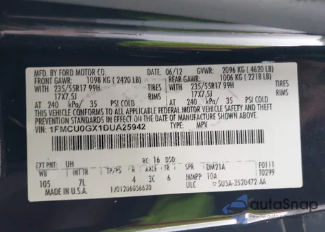 2013 Ford Escape Se from USA, damaged, VIN 1FMCU0GX1DUA25942